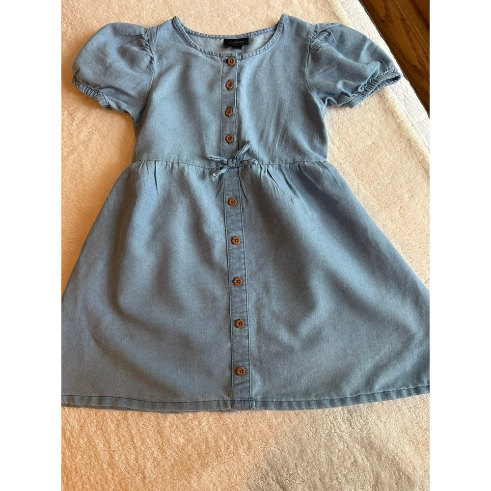 Picapino Girls Blue Chambray Flower Button Puff Sleeve Dress Size 6